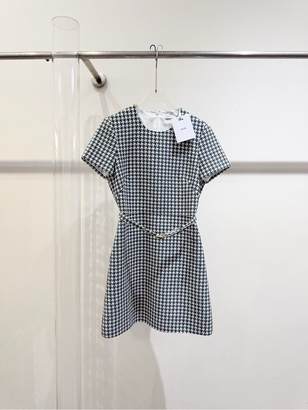 Dior Black & White Houndstooth Short-Sleeve Dress with Slim Belt